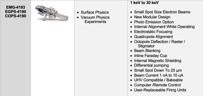 Medium energy systems, with energy ranges from 100 eV up to 30 keV, currents ranging from 1 nA to 5 mA, and spot sizes of 60 microns to 450 mm are available. This comparison table of Kimball Physics Low Energy Electron Gun Systems (< 30 keV) compares the various Kimball Physics High Energy Guns: EGG-3101 / EGPS-3101, EGG-3103 / EGPS-3103, EGF-3104 / EGPS-3104, EMG-4212 / EGPS-3212, EMG-4212 / EGPS-4212, EMG-4215 / EGPS-4215, EGF-4104 / EGPS-4104, EMG-4210 / EGPS-4210, EMG-4193 / EGPS4193. It compares the systems based on the following parameters: the systems high and low beam energy, high and low beam current, spot size range, the working distance range, and the beam uniformity. EMG-4193 / EGPS-4193: Applications: Surface Physics, Vacuum Physics Experiments. Applications: 1 keV to 30 keV, Small Spot Size Electron Beams, New Modular Design, Photo Emission Option, Internal Alignment While Operating , Electrostatic Focusing, Quadrupole Alignment, Octopole Deflection / Raster / Stigmator , Beam Blanking , Inline Faraday Cup, Internal Magnetic Shielding, Differential pumping, Small Spot Down To 25 µm, Beam Current 1 nA to 10 uA, UHV Compatible / Bakeable, Computer /Remote Control, User-Replaceable Firing Units. 