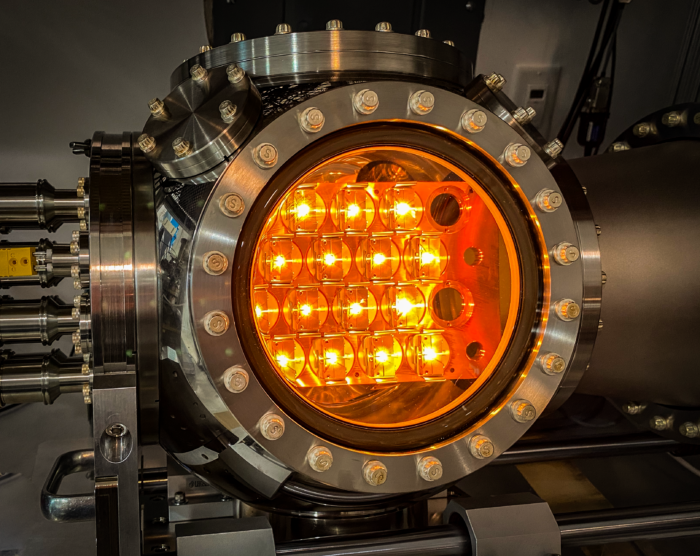 Figure 1. Cathode Test Chamber with several cathodes being “run up to temperature” and tested prior to delivery. 