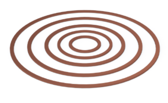 Figure 20. Nested copper gaskets for CF ports of 1.33”, 2.5”, 3.75, 4.5”, 6.0”, 8.0” and 10.0” are shown for size comparison of CF port apertures. The gasket thickness, 0.080” remains constant.