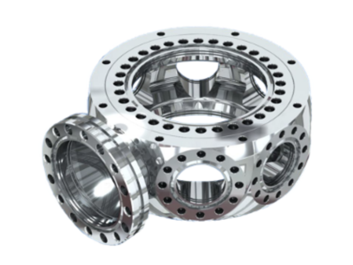 Figure 24. 6.0” MCFTM UHV Spherical Octagon with (2) 6.0” ports, (1) 4.5” high conductance welded, non-rotatable pumping port and additional (7) 2.75” ports.  External mounting bracket capable with (8) threaded holes on each 6.0” flange face.  Grabber grooves for internal mounting are present on all ports. 