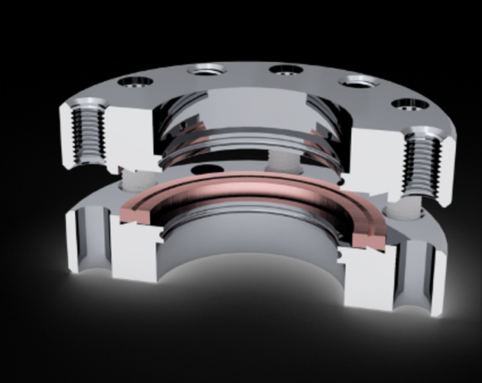 Figure 6. Schematic section view of CF flanges that were initially engaged and then separated to illustrate the sealing surfaces and the sealing groove created in the malleable copper gasket by the knife edges in the recess of the CF flanges.