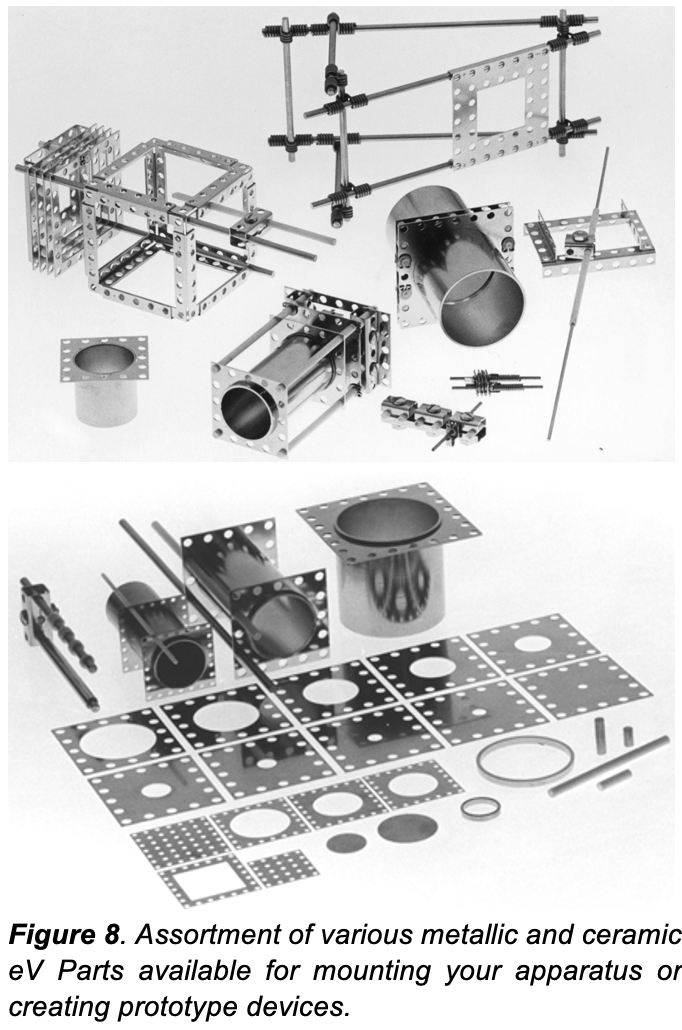 Figure 8. Assortment of various metallic and ceramic eV Parts available for mounting your apparatus or creating prototype devices.