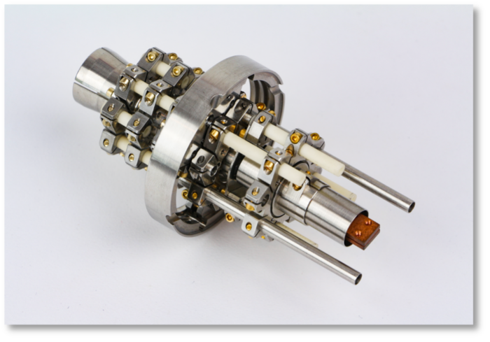 Figure 9. Example of prototype electron gun with cathode mount, anode and simple deflection optics fabricated with eV parts.