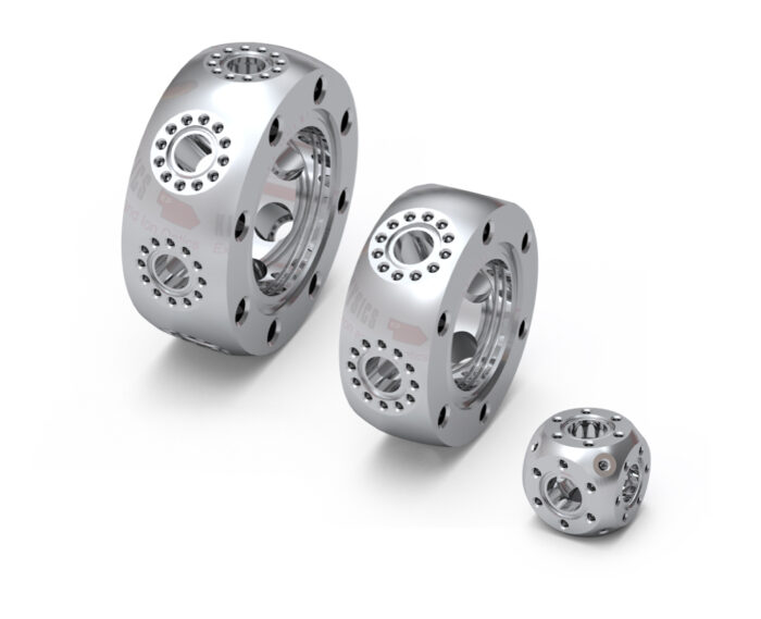 Examples of 0.95” CF Spherical Cube, 2.75” CF Spherical Hexagon and 3.38” CF Spherical Octagon UHV sub-miniature vacuum chambers with 0.95” CF ports