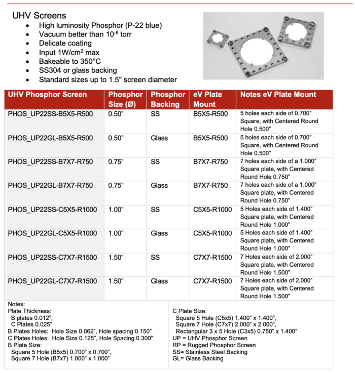 UHV Phosphor Screen Table